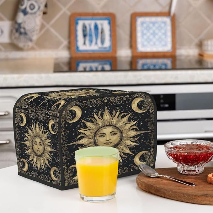 4 Slice Golden Sun Moon Toaster Cover Waterproof Dust Fingerprint Bread Machine Cover Washable Kitchen Appliance Protector For Home Kitchen Bakeware Table Decor Women Gifts