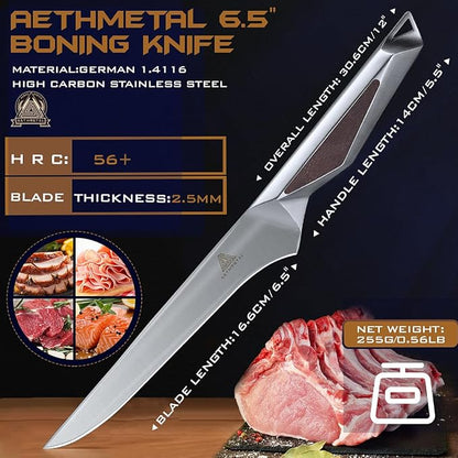 6.5 Inch Boning Knife, Full-Metal High-Carbon Stainless Steel Fillet & Meat Trimming Knife, Ergonomic Non-Slip Handle, Narrow Flexible Blade for Poultry, Beef, Fish