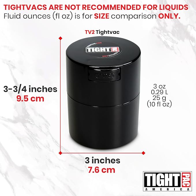 Tightvac 1/2 to 3 Ounces Airtight Herb Storage Container - Patented Vacuum Seal, Storage for Herbs, Coffee, Tea, Spices, Dry Goods - Small Odor Resistant Container, Black