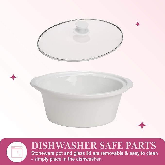 Paris Hilton 6-Quart Manual Slow Cooker, Naturally Nonstick Stoneware Ceramic Insert, Three Settings (Low, High, Warm), Dishwasher Safe Family Size Slow Cooker, White