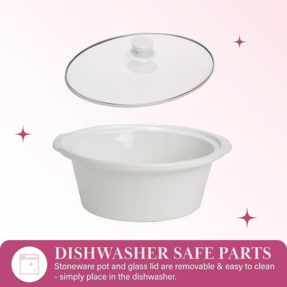 Paris Hilton 6-Quart Manual Slow Cooker, Naturally Nonstick Stoneware Ceramic Insert, Three Settings (Low, High, Warm), Dishwasher Safe Family Size Slow Cooker, White