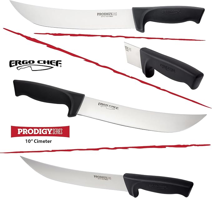 Ergo Chef Prodigy Series 10-Inch Cimeter Breaking Knife - High Carbon Stainless Steel Curved Blade Butcher Meat Knife, Ergonomic Non-Slip Handle, Black