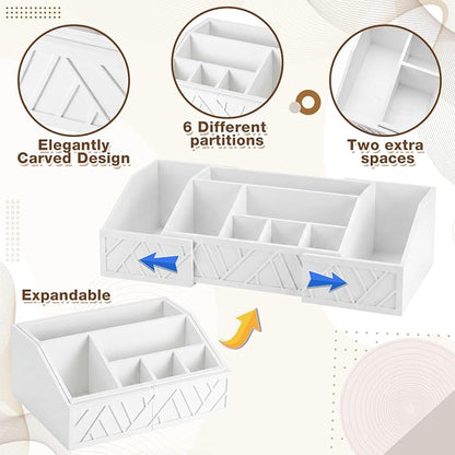 Paper Plate Dispenser Extendable, Paper Plate Holder for Kitchen Counter Wood Silverware Utensil Caddy Cutlery Flatware Organizer Box for Cups Spoons Forks Kitchen Accessories (White)