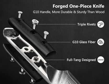 SHAN ZU Steak Knife of 7, 4.5 Inch Damascus Steak Knife Set with Block, Japanese High Carbon Steel Kitchen Serrated Knives Set with Ergonomic G10 Handle and Gift Box