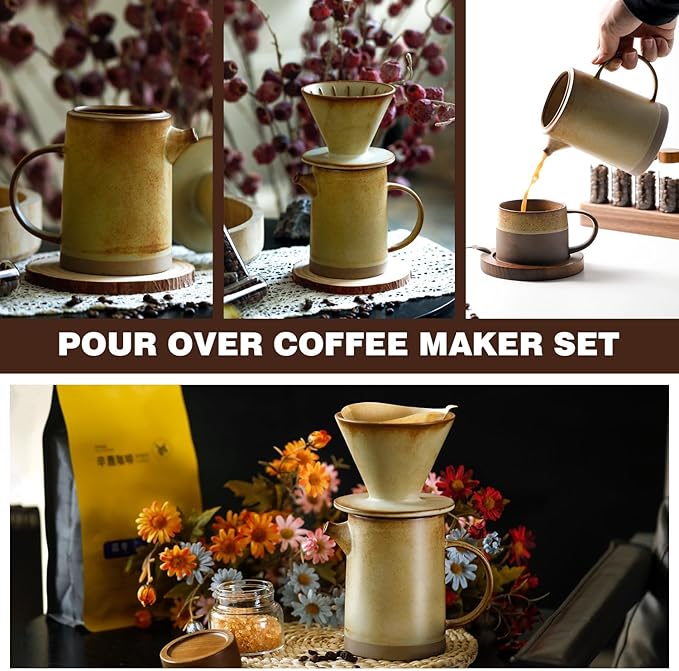 DIF DECO Pour Over Coffee Maker Set Vintage Ceramic Pour Over Coffee Dripper Set with 20 Count Paper Coffee Filters,for Home Café Restaurant Camping,15.8 Ounces(Yellow)