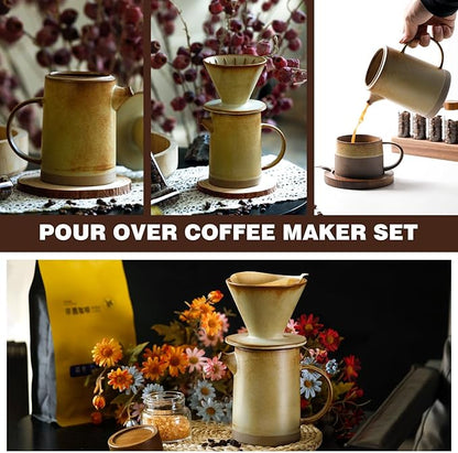 DIF DECO Pour Over Coffee Maker Set Vintage Ceramic Pour Over Coffee Dripper Set with 20 Count Paper Coffee Filters,for Home Café Restaurant Camping,15.8 Ounces(Yellow)