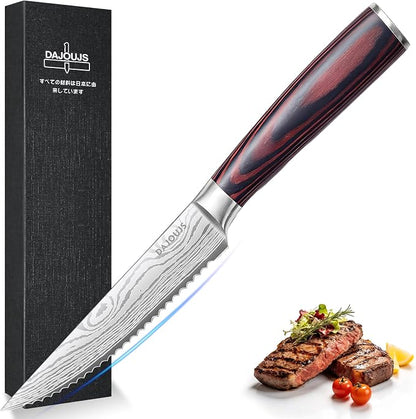 4.5 Inch Serrated Steak Knife - Ultra Sharp Serrated Knife Japanese High Carbon Steel Blade, Ergonomic Handle, Premium Kitchen Cutlery for Steak, BBQ & Outdoor Meals