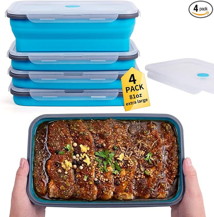 Extra Large Collapsible Food Storage Containers with Lid & Air Vent, 81 oz, 4 Pack, XXL Collapsible Marinade Container BBQ Prep Foldable Silicone Containers, Microwave Freezer Dishwasher Safe, Blue