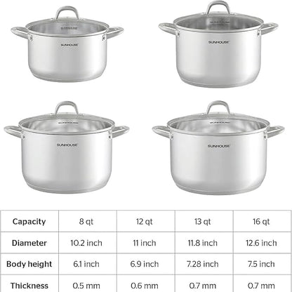 Sunhouse Stock Pot with Lid - 16 QT Large Pot for Cooking Pasta, Soup, Spaghetti - Impact Bonding Base Big Stainless Steel Pots for Canning, Boiling - Oven Safe & Induction Compatible Cookware