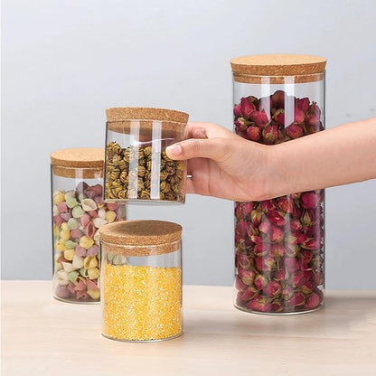Airtight Glass Storage Containers with cork Lid, for Kitchen Pantry Organization and Storage jar，Ideal for Coffee Beans Snacks Flour Cereal Sugar Tea 21oz. (Circular 4.7 * 3.3in*2pcs)