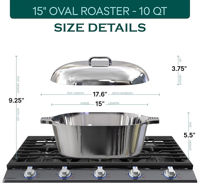 MAGNAWARE Cast Aluminum Oval Dutch Oven with Lid - 10 QT Heavy Duty & Lightweight Roaster Pan with Rack & Silicone Cover Dual Handles — Cajun Cookware for Roasting, Baking, Cooking (15" - Large)