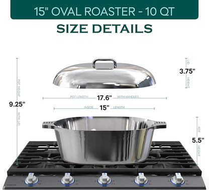 MAGNAWARE Cast Aluminum Oval Dutch Oven with Lid - 10 QT Heavy Duty & Lightweight Roaster Pan with Rack & Silicone Cover Dual Handles — Cajun Cookware for Roasting, Baking, Cooking (15" - Large)