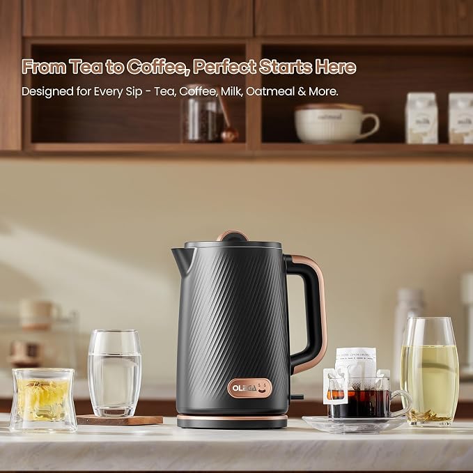OLEGA Electric Kettle: 1200W Fast Boil Electric Water Kettles, 1.5L Double Wall Stainless Steel Tea Kettle, Auto Shut-Off, BPA-Free Hot Water Boiler Teapot for Coffee & Tea -Black