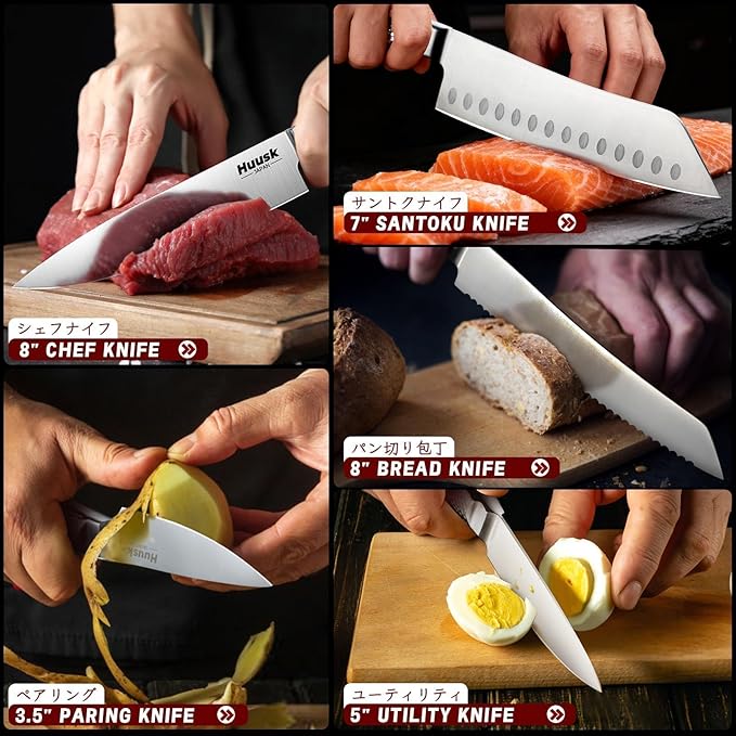 Huusk Kitchen Knife Set with Block & Built-in Sharpener - 15pcs Japanese Stainless Steel Knife Block Set - Sharp Professional Chef Sets for Kitchen - Home-warming Gift for Men