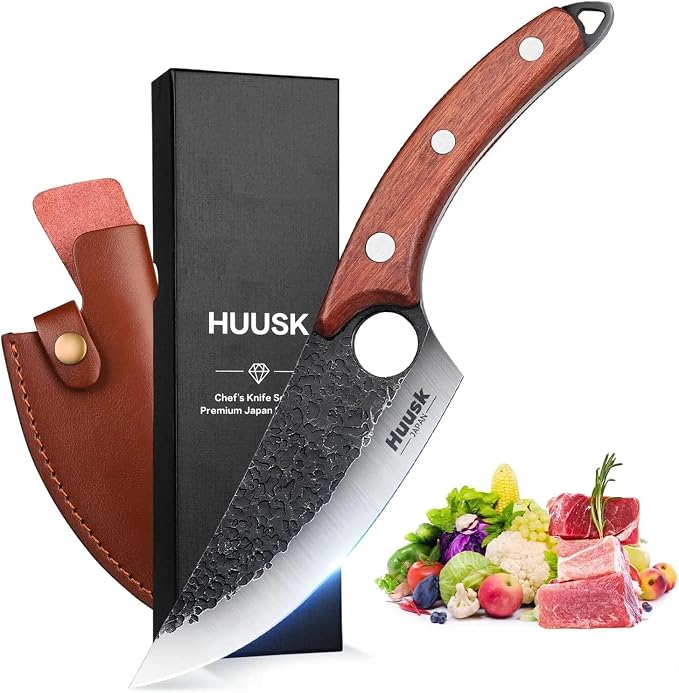 Huusk Viking Knives Hand Forged Boning & Chef Knife - Full Tang Japanese Blade with Sheath - Butcher Meat Cleaver - Camping & Kitchen, Gifts for Men and Women