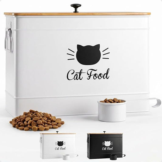 Cat Food Storage Container with Scoop - 15 lb (50 Cup) Capacity Metal Cat Food Container with Airtight Bamboo Lid & Metal Scoop - Airtight Pet Food Storage Containers - 15 lb Treats & Kibble Container