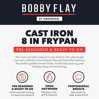 GreenPan x Bobby Flay 8” Cast Iron Pre-Seasoned Skillet with Helper Handle, Professional Grade Heavy Duty, Induction Suitable, Versatile Stovetop, Oven, BBQ, Fire & Grill, Indoor & Outdoor Use, Black