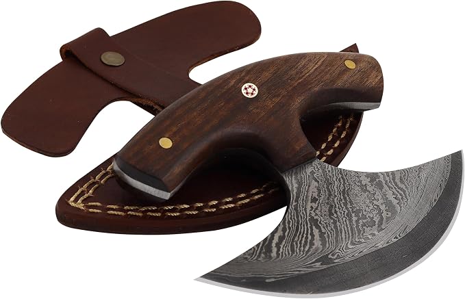 Custom Damascus Steel Ulu Knife Traditional Alaskan Damascus Ulu Knife with sheath Multi-Purpose Pizza Cutter, Vegetable Chopping, Boning Slicing Cutting Walnut Handle Leather Sheath