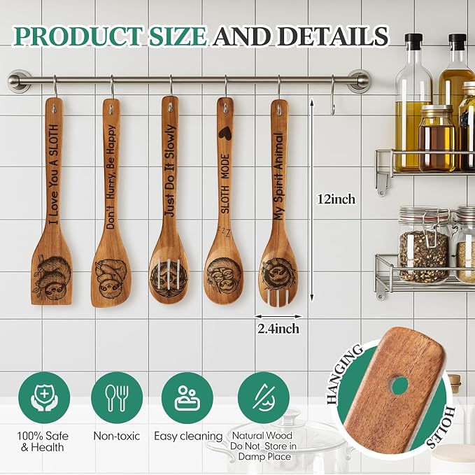 Remerry 6 Pcs Sloth Gifts for Women Sloths Kitchen Gift Set with Acacia Cooking Spoons Apron Christmas Kitchen Cooking Utensils Set for Christmas Mother's Day Housewarming Gift