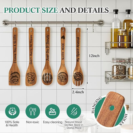 Remerry 6 Pcs Sloth Gifts for Women Sloths Kitchen Gift Set with Acacia Cooking Spoons Apron Christmas Kitchen Cooking Utensils Set for Christmas Mother's Day Housewarming Gift