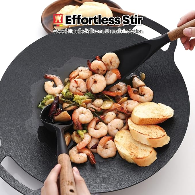 WAGENSTEIGER Set of 2pc Silicone Cooking Utensils: Wooden Handle Cooking & Serving Spoon+ Multi-Purpose Cooking Spoon, Heat Resistant Cooking Utensil, BPA Free, Safe Material for All Cooking Surfaces