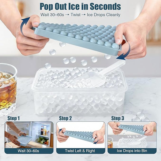 WIBIMEN Mini Ice Cube Trays, 0.55” Tiny Pebble Ice for Iced Coffee & Cocktails, Fast Chill, Easy Twist Release, Stackable with Lid & Storage Bin (2 Pack, Blue)