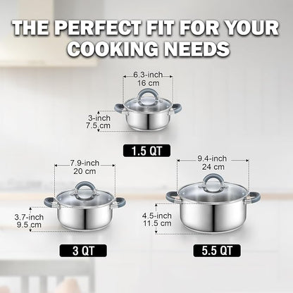Cook N Home Basics Stainless Steel Cookware Set with Glass Lids, Pots and Pans Set, Stay-Cool Silicone Handles, Induction Compatible, 6-Piece