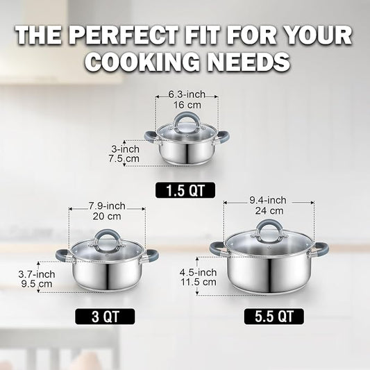 Cook N Home Basics Stainless Steel Cookware Set with Glass Lids, Pots and Pans Set, Stay-Cool Silicone Handles, Induction Compatible, 6-Piece