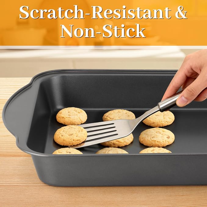 6PCS Deep Baking Pan Set - 17.5 x 9.4 Inch Baking Pans with Cooling Racks & Oven Mitts, Heavy Duty Roasting Pan with Wide Handles, Nonstick Oven Pan for Brownies, Biscuits, and Cake, Black