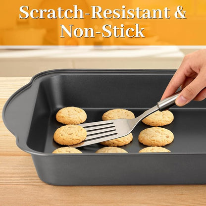 6PCS Deep Baking Pan Set - 17.5 x 9.4 Inch Baking Pans with Cooling Racks & Oven Mitts, Heavy Duty Roasting Pan with Wide Handles, Nonstick Oven Pan for Brownies, Biscuits, and Cake, Black