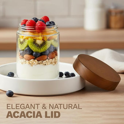 Bumobum 16 oz Overnight Oats Containers with Lids, Glass Mason Jars with Acacia Wood Airtight Lid, Wide Mouth Glass Canisters for Food Storage Chia Pudding Snacks Yogurt Spice Meal Prep, 4-Pack