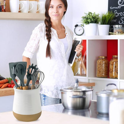 HASENSE Large Utensil Holder, White Cooking Utensil Crock for Kitchen Counter, 7.1" Ceramic Utensil Organizer Caddy for Kitchen Utensil Set, Vintage Decor