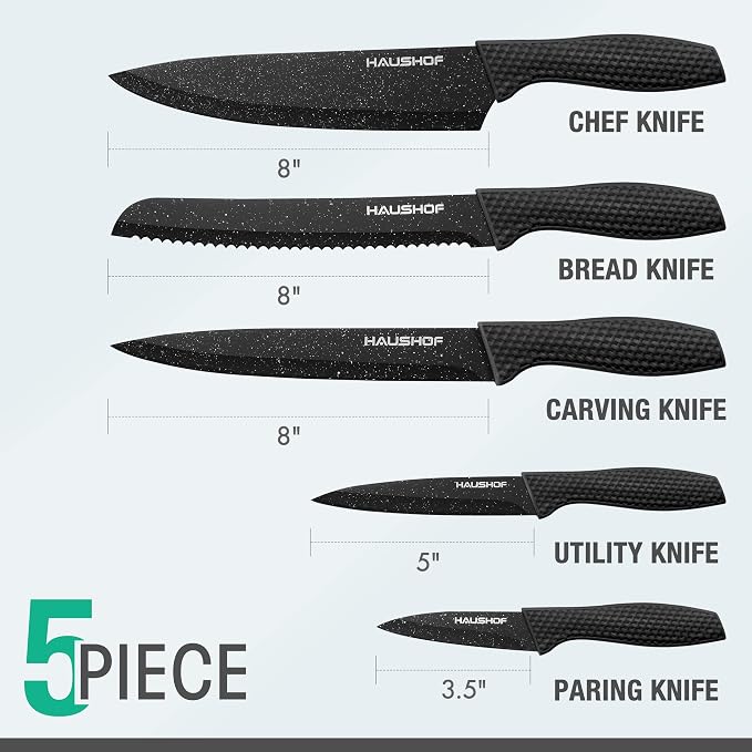 HAUSHOF Kitchen Knife Set, 5 PCS Knife Sets with Arcylic Block, Teflon Coated Black Knives Set for Kitchen, Premium Stainless Steel Knives Set with Ergonomic Handle, Great for Slicing, Dicing&Cutting