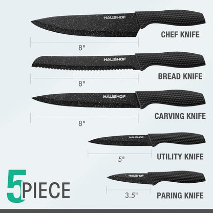 HAUSHOF Kitchen Knife Set, 5 PCS Knife Sets with Arcylic Block, Teflon Coated Black Knives Set for Kitchen, Premium Stainless Steel Knives Set with Ergonomic Handle, Great for Slicing, Dicing&Cutting