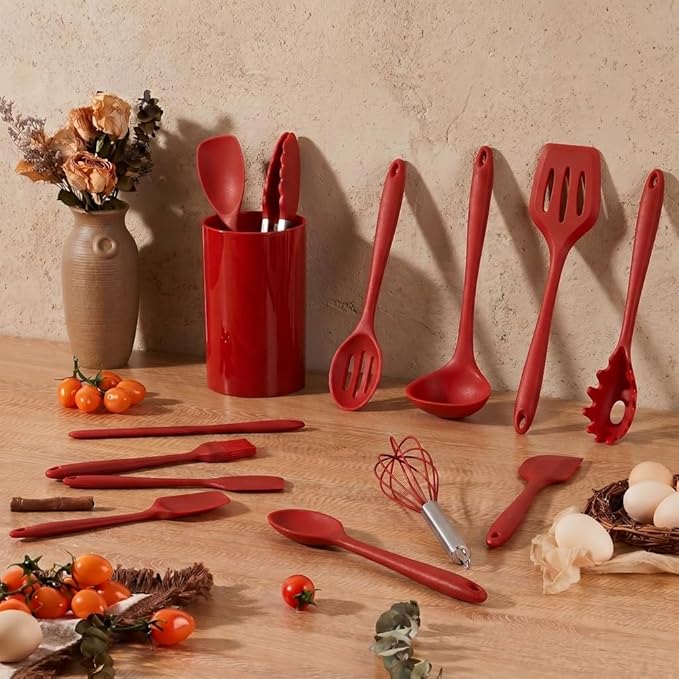 LIANYU 14 Pcs Cooking Utensils Set with Holder, Heat Resistant Silicone Kitchen Cookware Utensils Set, Kitchen Cooking Tools Includes Spatula Spoon Turner Whisk Tong, Dishwasher safe, Red