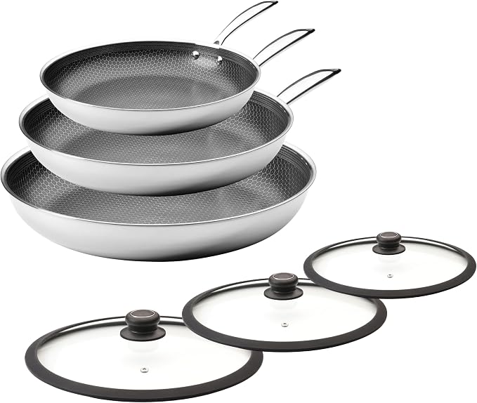 Black Cube Hybrid Cookware Set - 6 Piece Stainless Steel Non Stick, Quick Release Fry Pan Set with Lids - 8", 11", 12.5" Pans - Oven & Dishwasher Safe - Induction Suitable