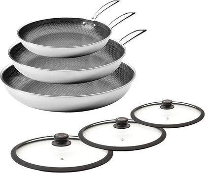 Black Cube Hybrid Cookware Set - 6 Piece Stainless Steel Non Stick, Quick Release Fry Pan Set with Lids - 8", 11", 12.5" Pans - Oven & Dishwasher Safe - Induction Suitable