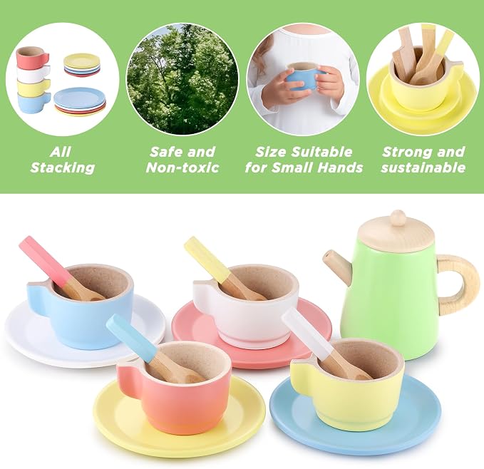 GAGAKU Wood Tea Set and Wooden Play Dishes 2 in 1 Play Food Set Toy 28 PCS Montessori Play Kitchen Accessories Kitchen for Toddlers Cooking Playset for 3-8 Years Girls and Boys