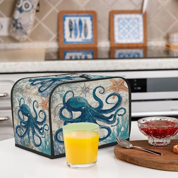 2 Slice Octopus Ocean Vintage Toaster Cover Waterproof Dust Fingerprint Bread Machine Cover Washable Kitchen Appliance Protector For Home Kitchen Bakeware Table Decor Women Gifts