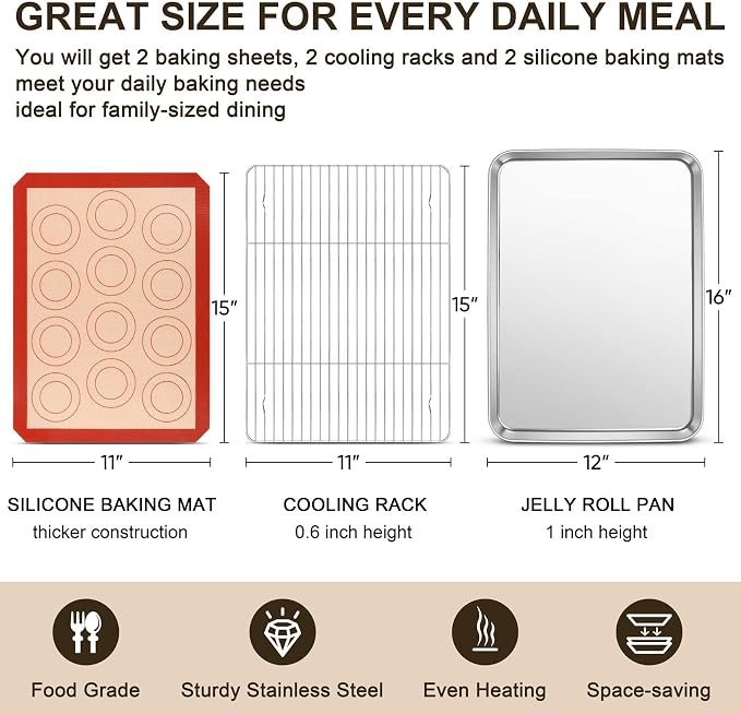 TeamFar Stainless Steel Baking Sheet, 16inch Baking Pans Cookie Sheets for Baking with Cooling Rack & Silicone Baking Mat - 2 Sheet Pans + 2 Roasting Racks + 2 Silicone Mats, Non Toxic, Easy Clean