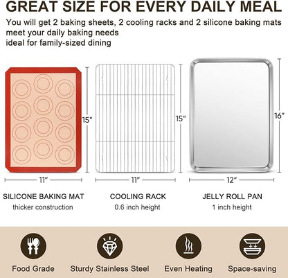 TeamFar Stainless Steel Baking Sheet, 16inch Baking Pans Cookie Sheets for Baking with Cooling Rack & Silicone Baking Mat - 2 Sheet Pans + 2 Roasting Racks + 2 Silicone Mats, Non Toxic, Easy Clean