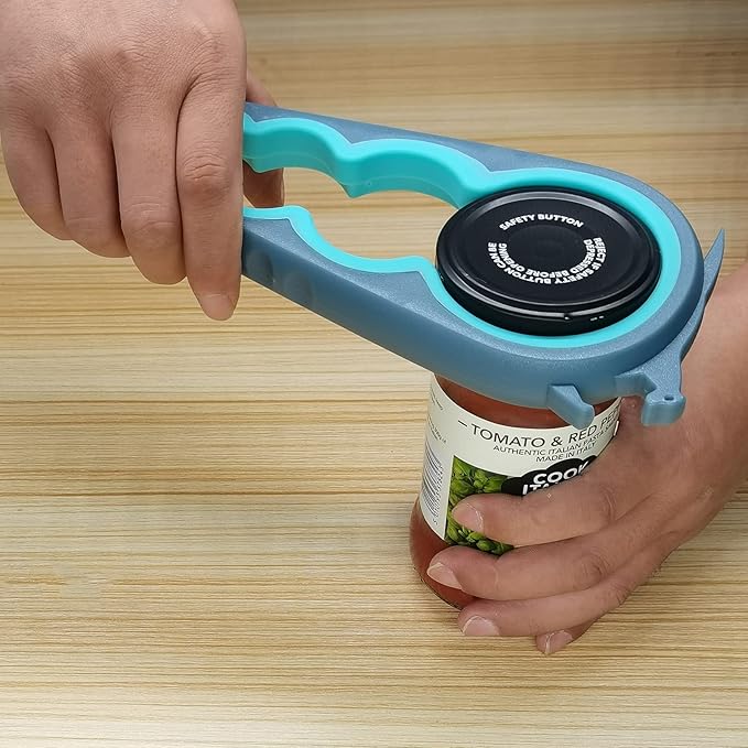 Person using a can opener on a jar with a wooden surface background
