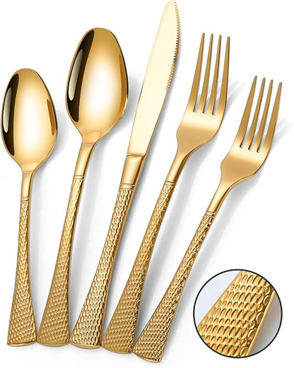 Lemeya Hammered Gold Silverware Set,30 Piece Modern Flatware Set Service for 6,Mirror Polished Stainless Steel Cutlery Set Utensil Set Tableware Set,Kitchen Knives Forks Spoons Set,Dishwasher Safe