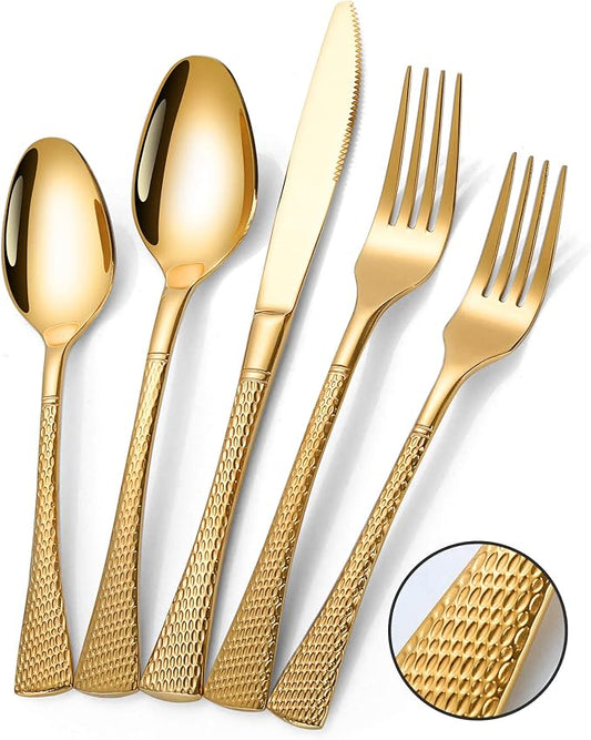 Lemeya Hammered Gold Silverware Set,30 Piece Modern Flatware Set Service for 6,Mirror Polished Stainless Steel Cutlery Set Utensil Set Tableware Set,Kitchen Knives Forks Spoons Set,Dishwasher Safe