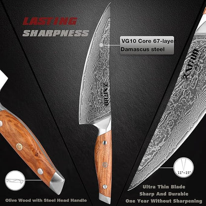 XITUO 8-Inch Damascus Steel Chef Knife, Olive Wood Handle – Japanese-Inspired Kitchen Knife for Chopping, Mincing & Slicing Meat, Poultry & Vegetables, Gift for Pro & Home Cooks