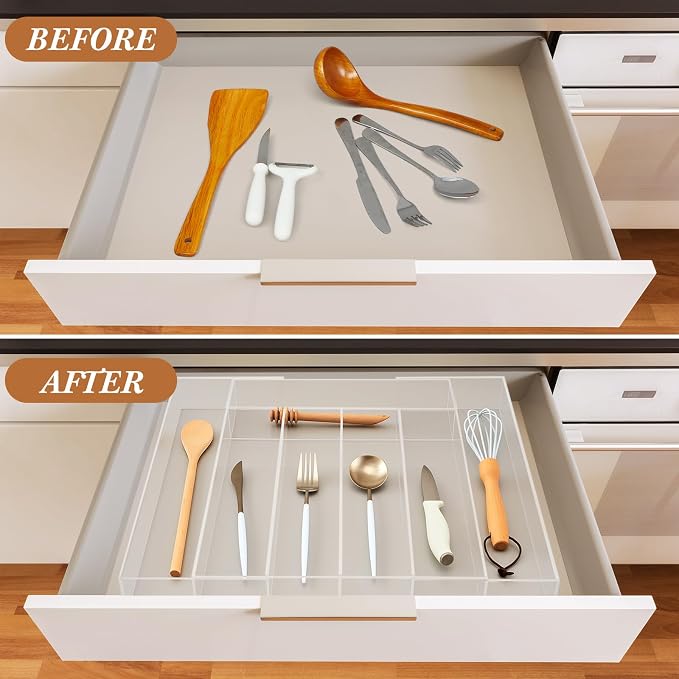 Teenyyou 1 Pack Expandable Kitchen Drawer Organizer Clear Acrylic Utensil Organizer Adjustable Acrylic Silverware Storage for Drawers Silverware Flatware Knives (12 x 16 Inches,5-7 Compartments)