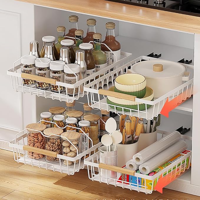 2 Pack No Drill Pull Out Cabinet Organizer, Premium Carbon Steel Slide-Out Drawers with Strong Nano Adhesive, Under Cabinet Storage for Kitchen, Pantry, Bathroom, White