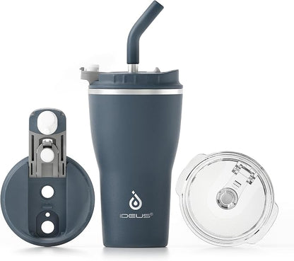 IDEUS Insulated Tumbler with Lid and Straw 14 oz, Stainless Steel Double-Wall Vacuum Leak-Proof Travel Coffee Mug, Cup Holder Friendly, Navy Blue