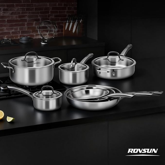 ROVSUN 11-Pcs Stainless Steel Cookware Set, Tri-Ply Pots and Pans Set, Non-Toxic Kitchen Set, PFOA & PTFE Free, Full Clad Frying Pans, Saucepans, Saute Pan & Stock Pot, Compatible for All Cooktops