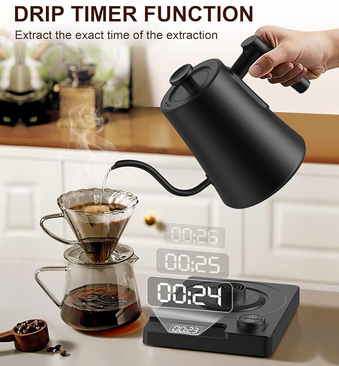Gooseneck Electric Kettle with ±1℉ Temperature Control & Keep Warm for Pour Over Coffee & Tea, Rapid Boil, 304 Stainless Steel, Built-in Brew Timer, 1200W 1.0L